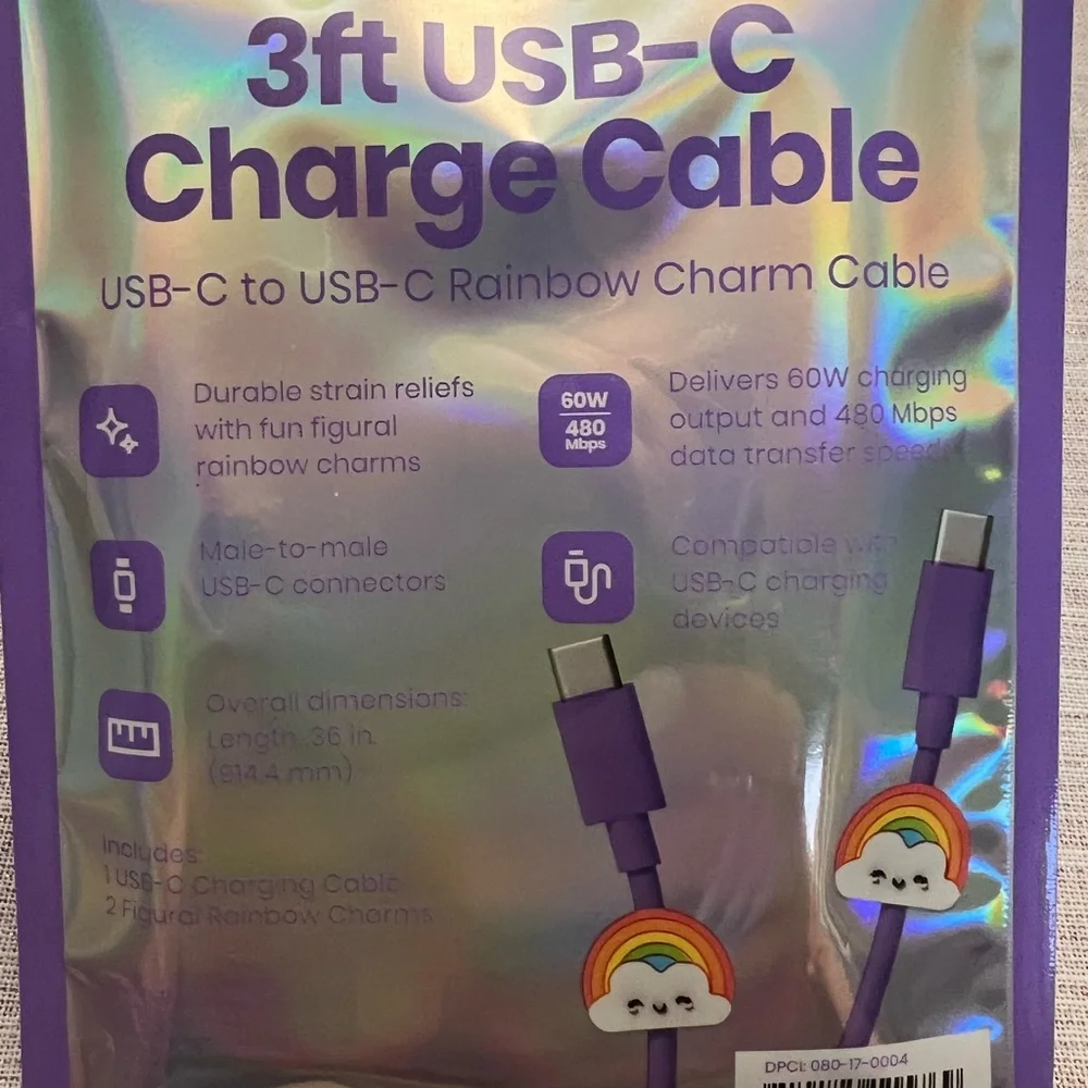 Purple USB-C Charging Cable with Rainbow Charm